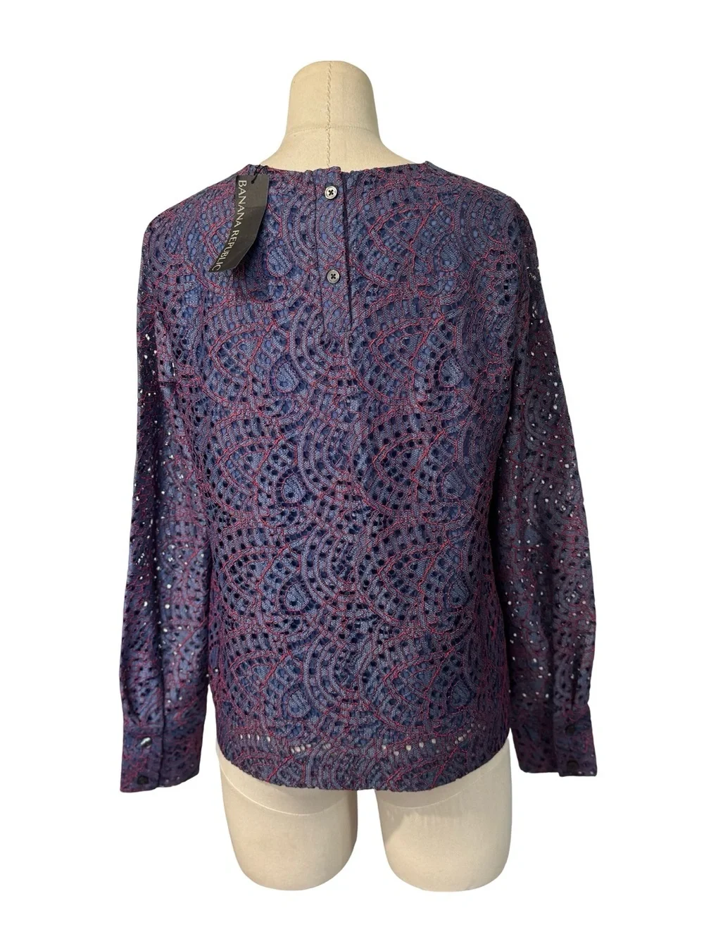BANANA REPUBLIC S Top Lace Blue Red Embroidered Long Sleeve Indigo Unique